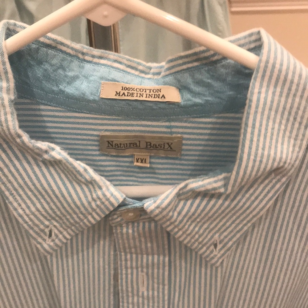 Casual blue and white striped button-down shirt